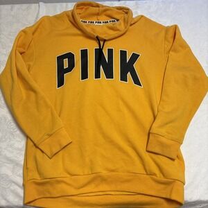 Pink Victorias Secret Women Sweatshirt S Yellow Logo Cowl‎ Neck Pockets